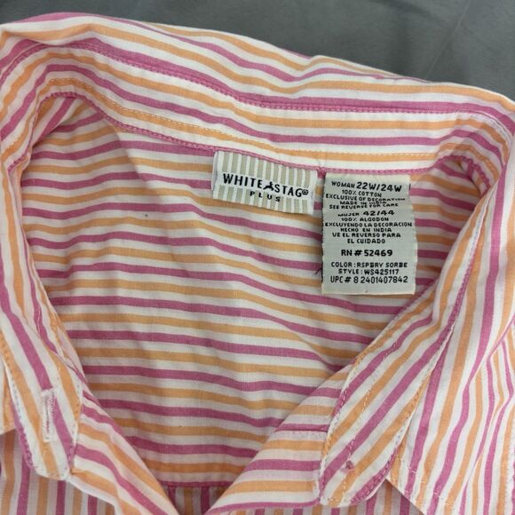 Vintage 90s White Stag white Pink orange striped button down top 22/24W - Picture 4 of 7